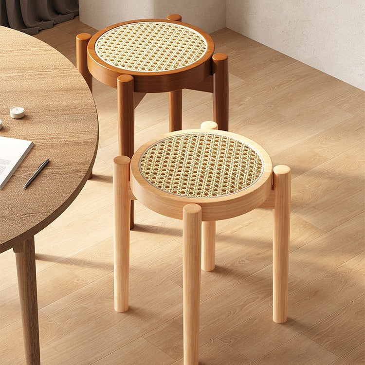 Solid Wood Rattan Thickened Stackable Stool