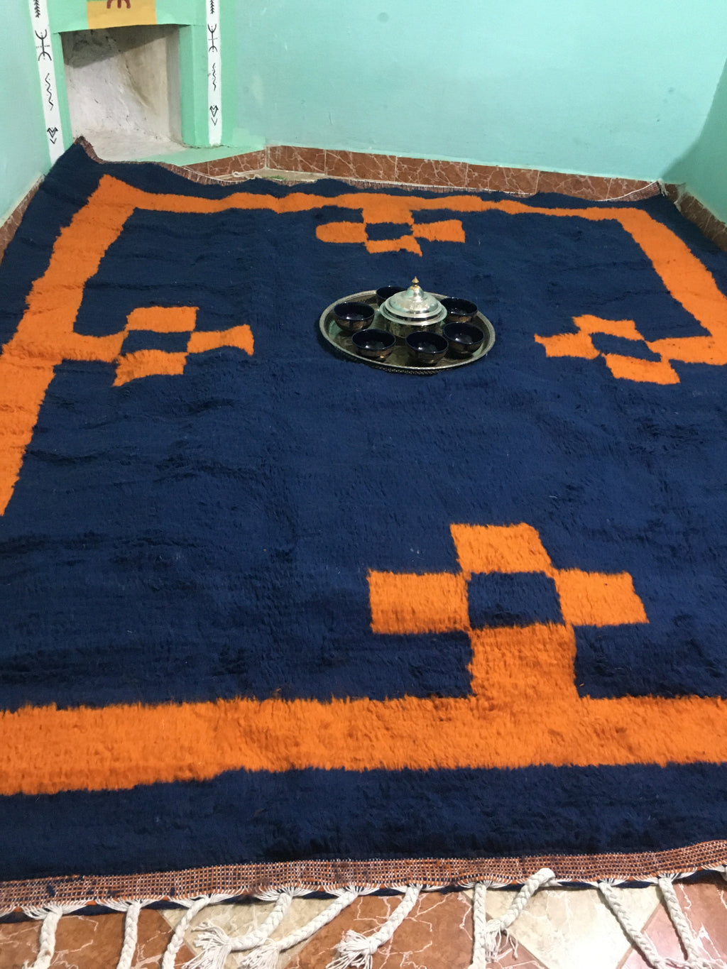 Blue and orange moroccan rug 250cmx150cm
