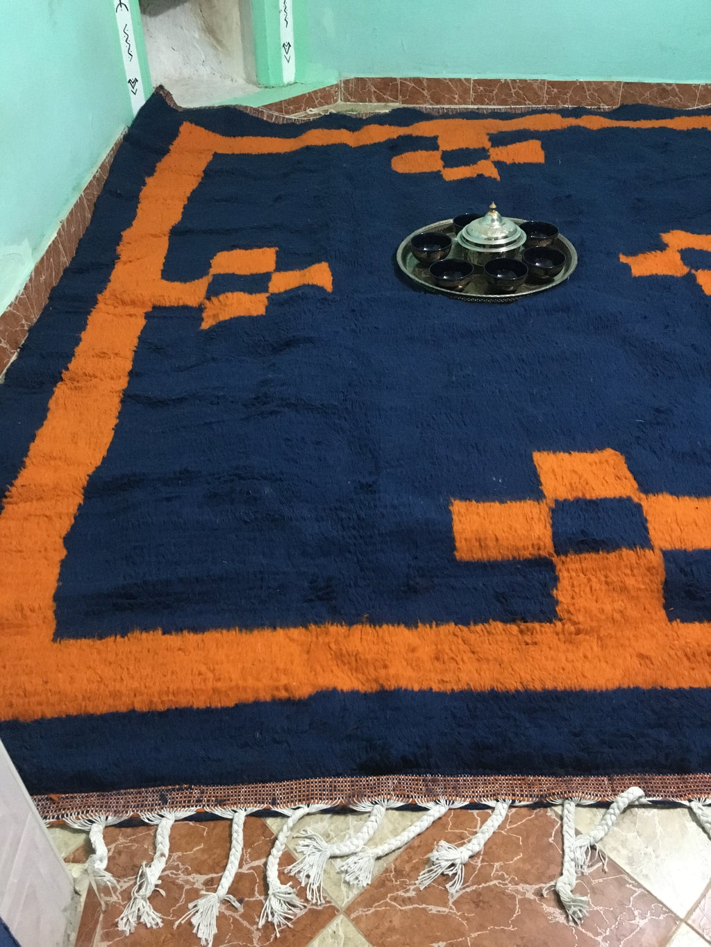 Blue and orange moroccan rug 250cmx150cm