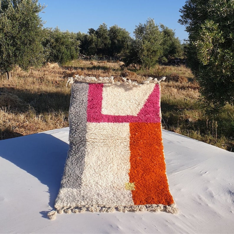Orange, white, pink and grey azilal carpet| soft wool |customize your size| moroccan rug