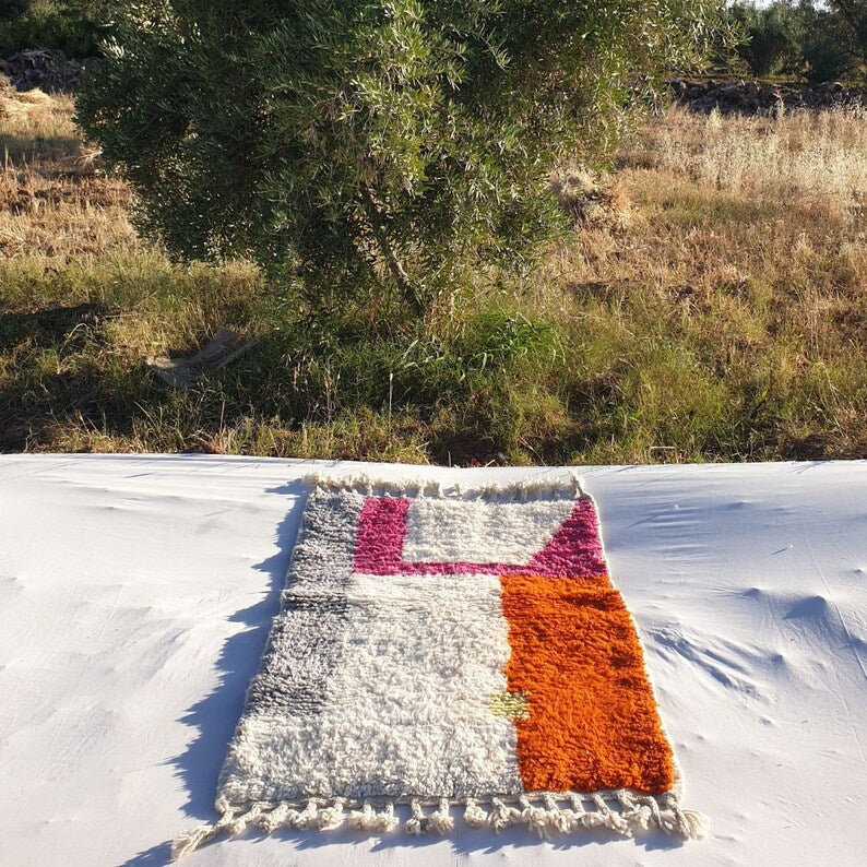 Orange, white, pink and grey azilal carpet| soft wool |customize your size| moroccan rug