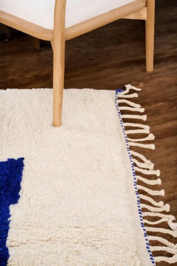 Handmade Moroccan Wool Rug, Minimalist Cream Rug with Bold Blue Abstract Design, Large Boho Shag Rug, Area Rug, Bohemian Home Decor - Image 3