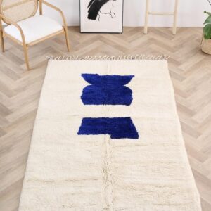 Handmade Moroccan Wool Rug, Minimalist Cream Rug with Bold Blue Abstract Design, Large Boho Shag Rug, Area Rug, Bohemian Home Decor