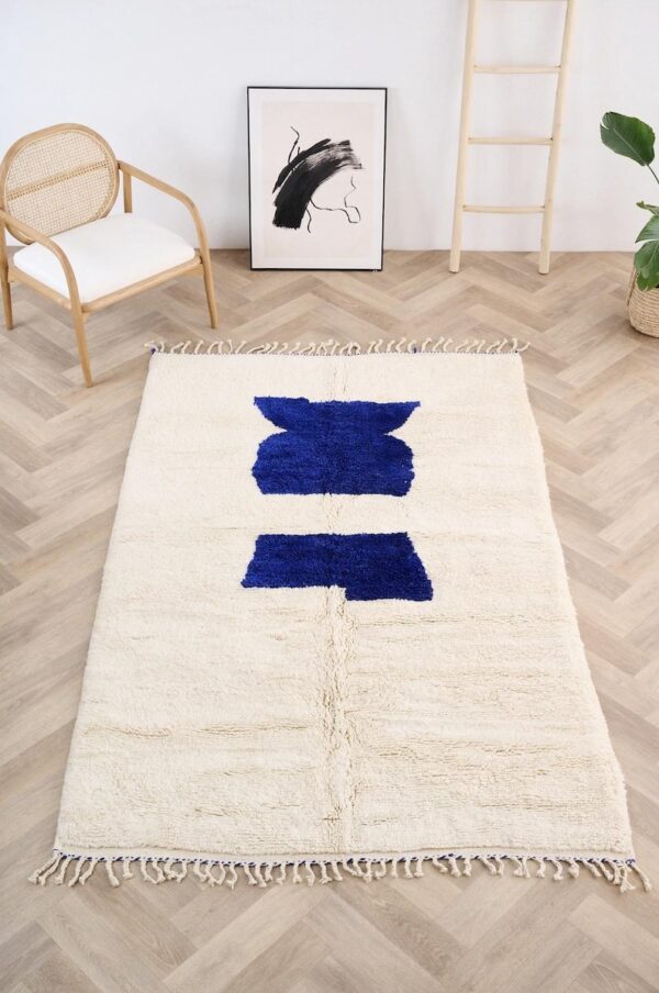 Handmade Moroccan Wool Rug, Minimalist Cream Rug with Bold Blue Abstract Design, Large Boho Shag Rug, Area Rug, Bohemian Home Decor