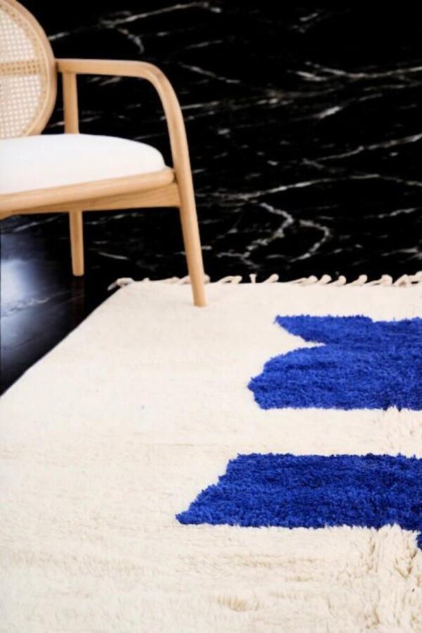 Handmade Moroccan Wool Rug, Minimalist Cream Rug with Bold Blue Abstract Design, Large Boho Shag Rug, Area Rug, Bohemian Home Decor - Image 5