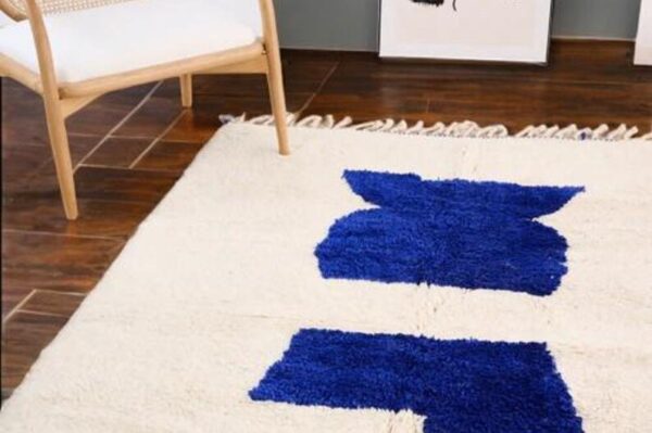 Handmade Moroccan Wool Rug, Minimalist Cream Rug with Bold Blue Abstract Design, Large Boho Shag Rug, Area Rug, Bohemian Home Decor - Image 6