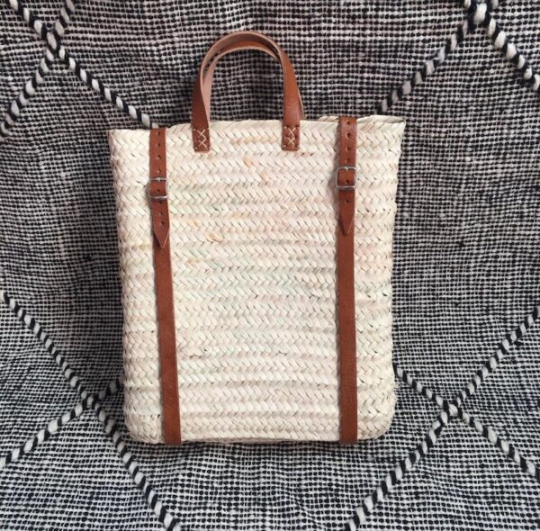 Straw Beach bag with leather strap, Backpack French basket Moroccan Basket straw bag