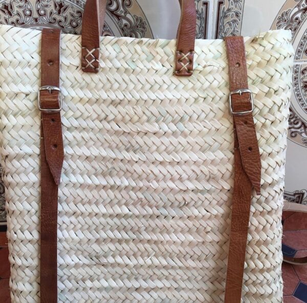 Straw Beach bag with leather strap, Backpack French basket Moroccan Basket straw bag - Image 2