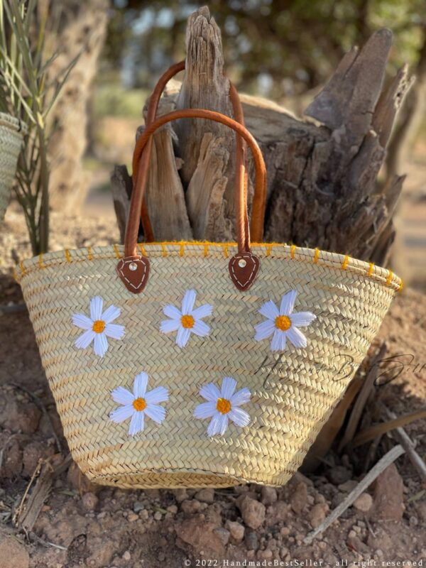STRAW BAG Handmade with leather, French Market Basket, french market bag, Straw basket